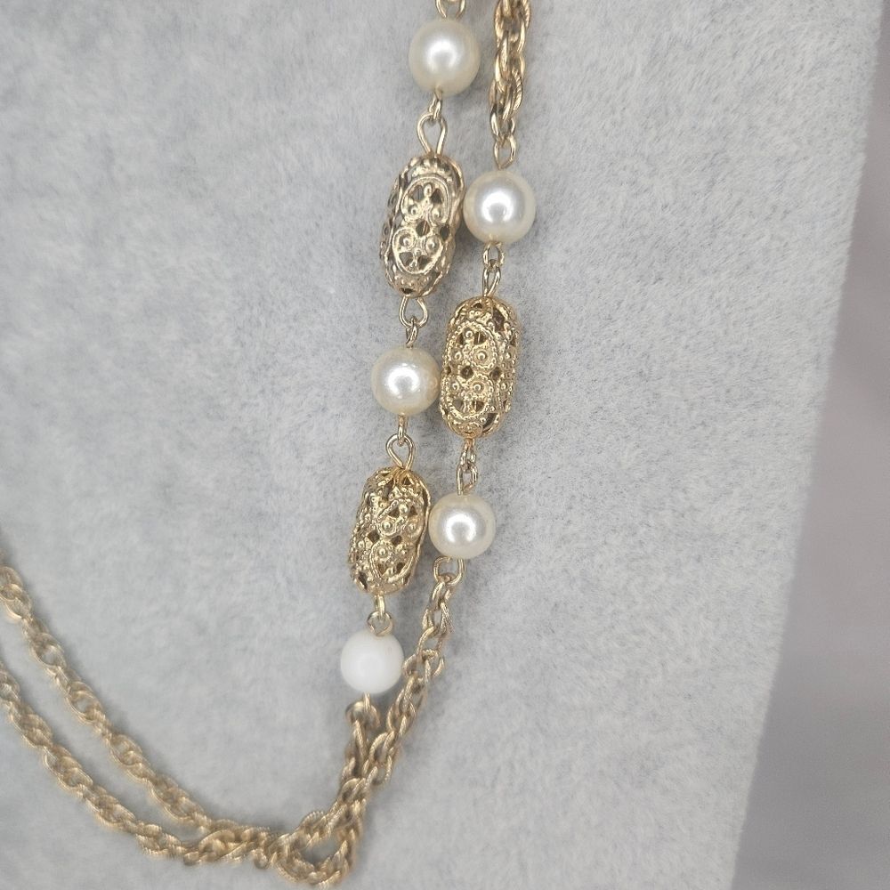 Vintage Sarah Coventry Gold Tone, Pearl, & Filigree Metal Bead Necklace GUC 52"